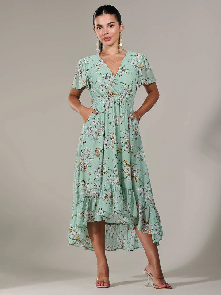 Lillibet Petite Green Floral Chiffon Short Sleeve Dip Hem Belted Midaxi Dress
