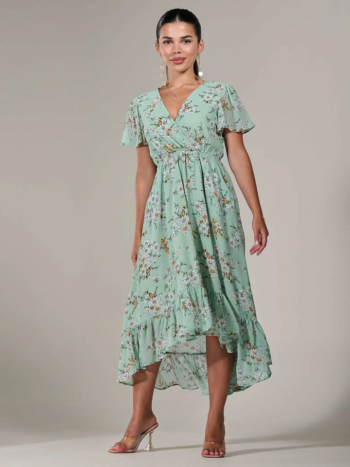 Lillibet Petite Green Floral Chiffon Short Sleeve Dip Hem Belted Midaxi Dress