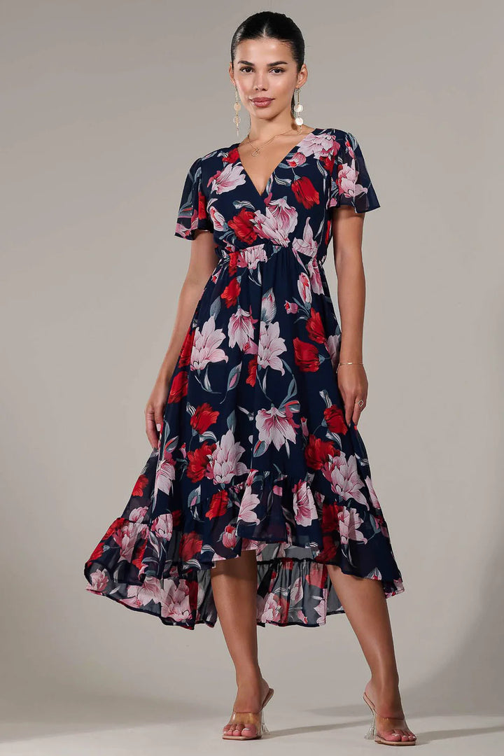 Lillibet Petite Navy Floral Chiffon Short Sleeve Dip Hem Belted Midaxi Dress