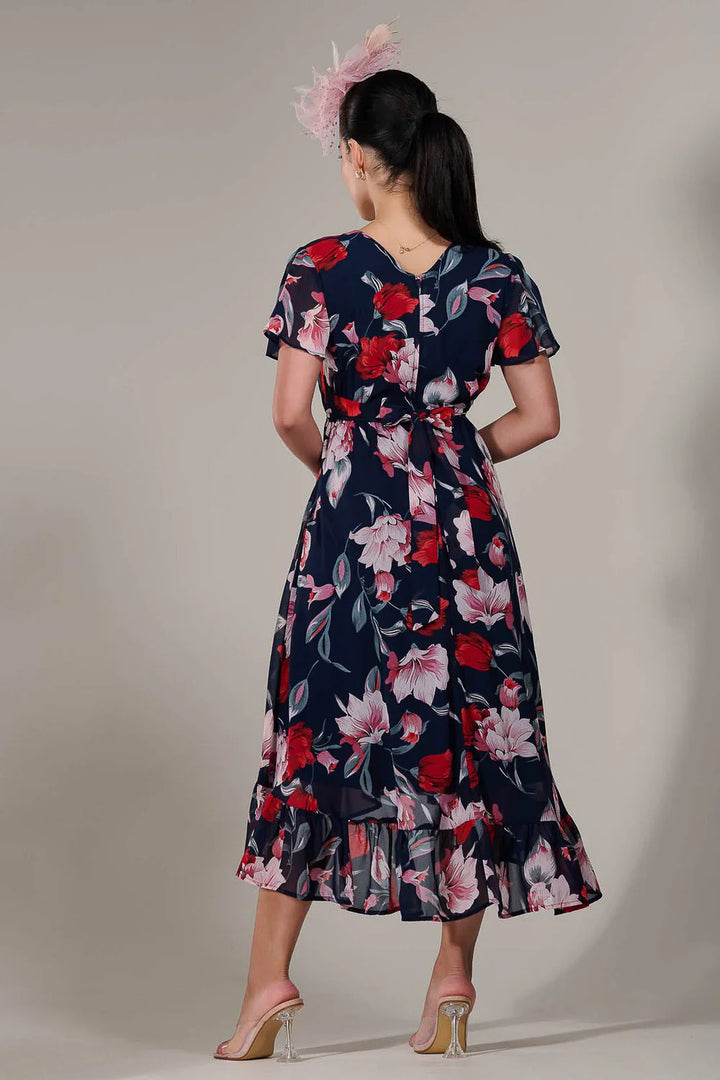 Lillibet Petite Navy Floral Chiffon Short Sleeve Dip Hem Belted Midaxi Dress