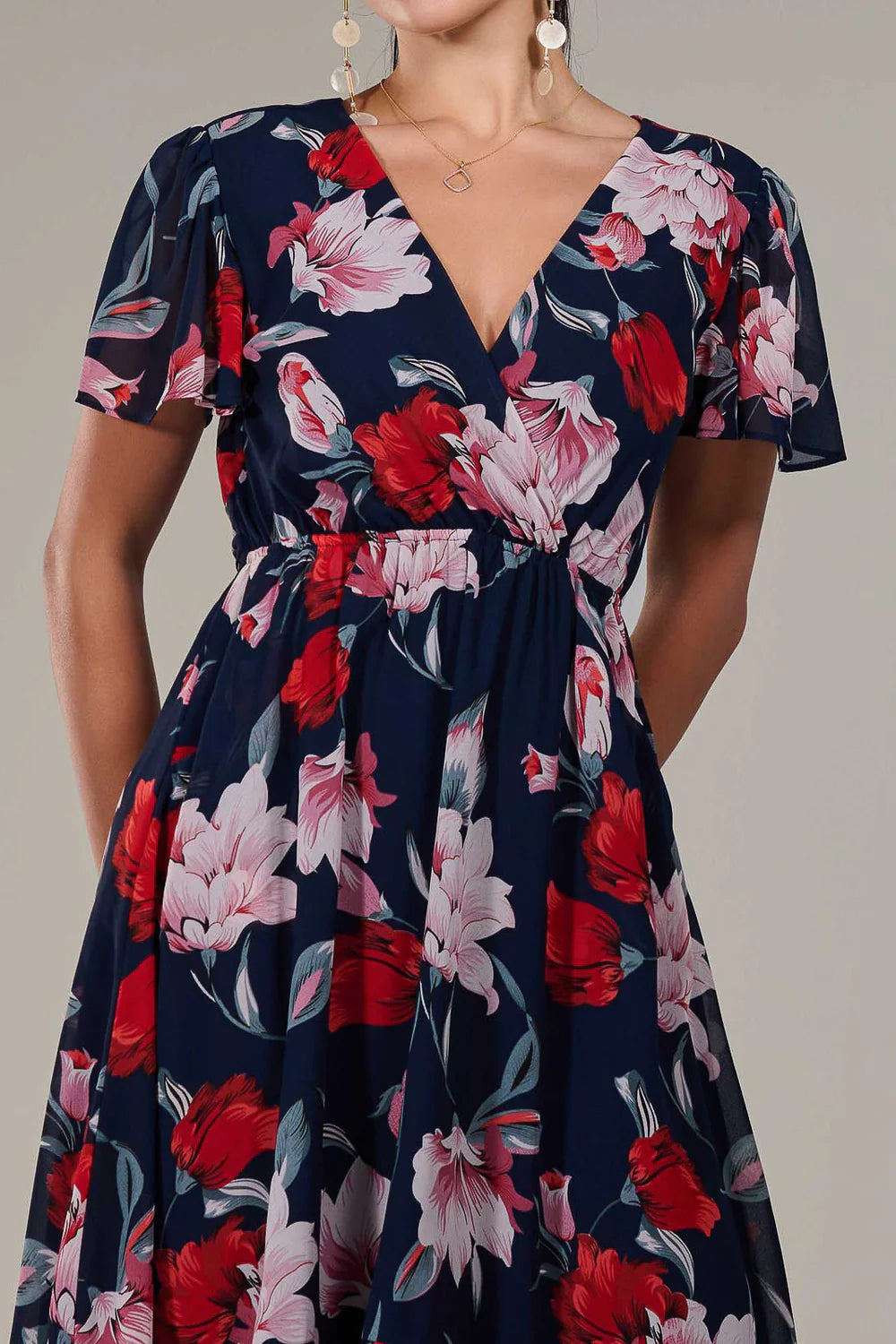 Lillibet Petite Navy Floral Chiffon Short Sleeve Dip Hem Belted Midaxi Dress
