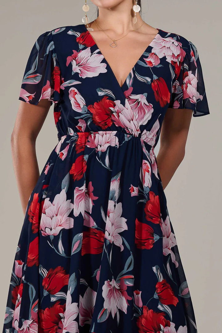 Lillibet Petite Navy Floral Chiffon Short Sleeve Dip Hem Belted Midaxi Dress