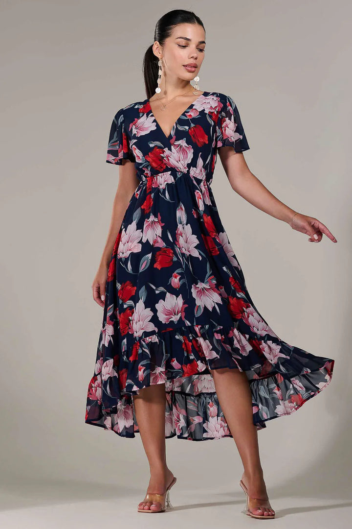 Lillibet Petite Navy Floral Chiffon Short Sleeve Dip Hem Belted Midaxi Dress