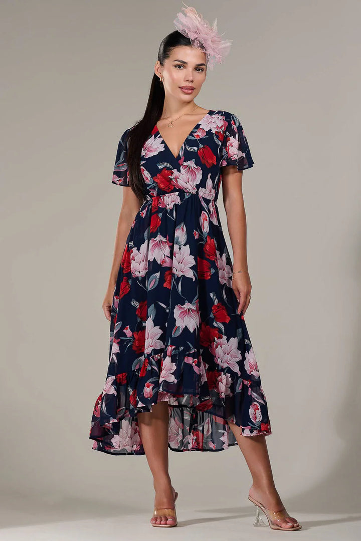 Lillibet Petite Navy Floral Chiffon Short Sleeve Dip Hem Belted Midaxi Dress