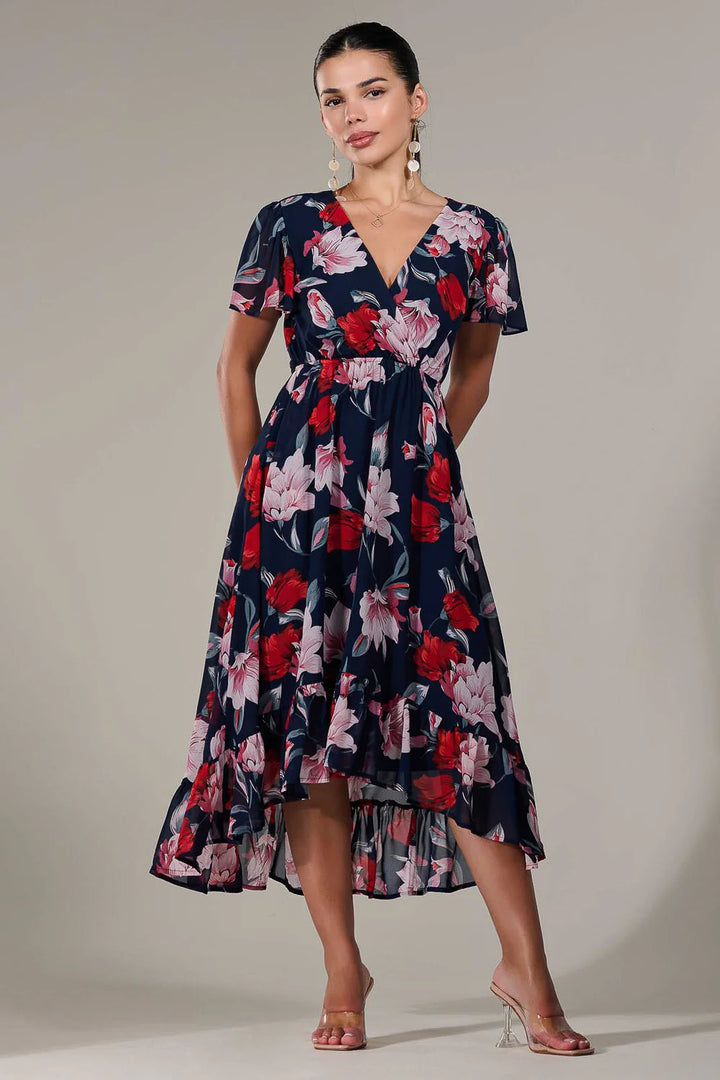 Lillibet Petite Navy Floral Chiffon Short Sleeve Dip Hem Belted Midaxi Dress