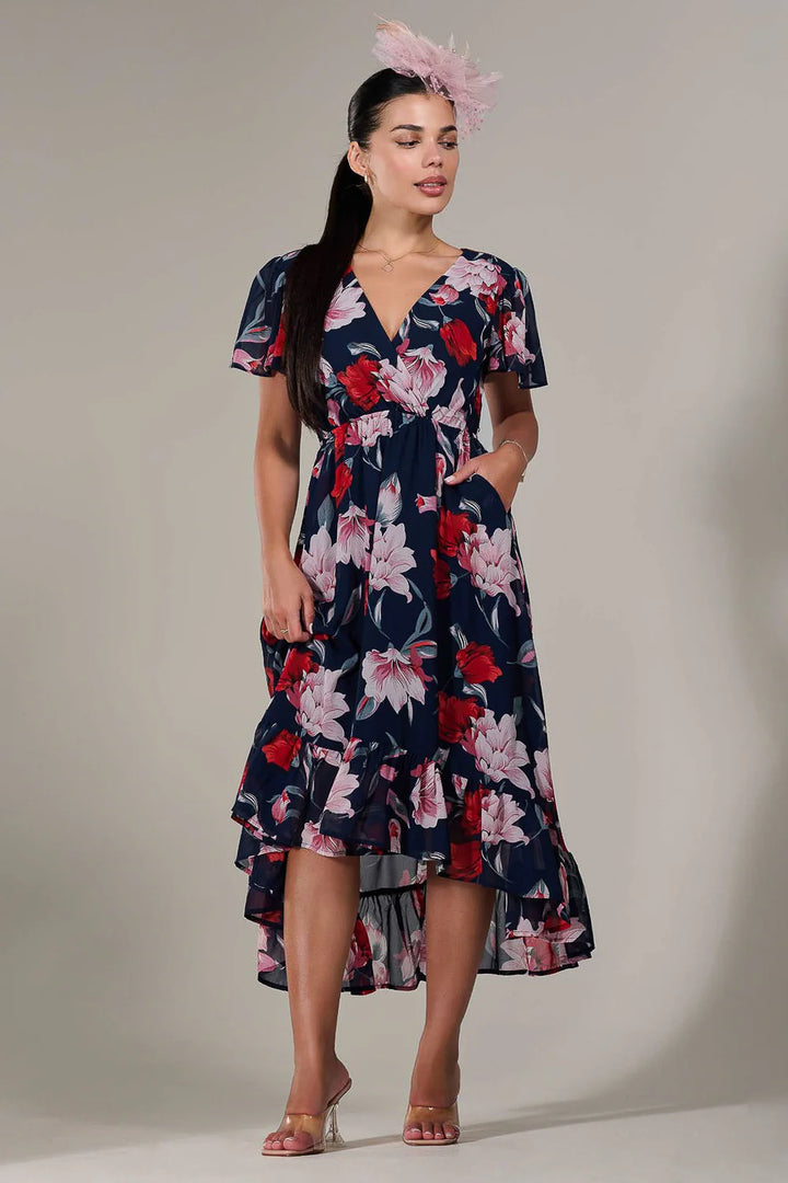 Lillibet Petite Navy Floral Chiffon Short Sleeve Dip Hem Belted Midaxi Dress