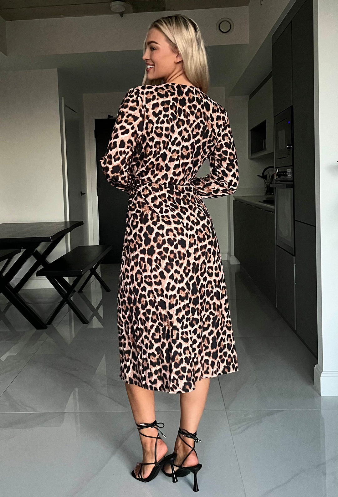 Bryony Brown Leopard Print Belted Long Sleeve Midi Shirt Dress