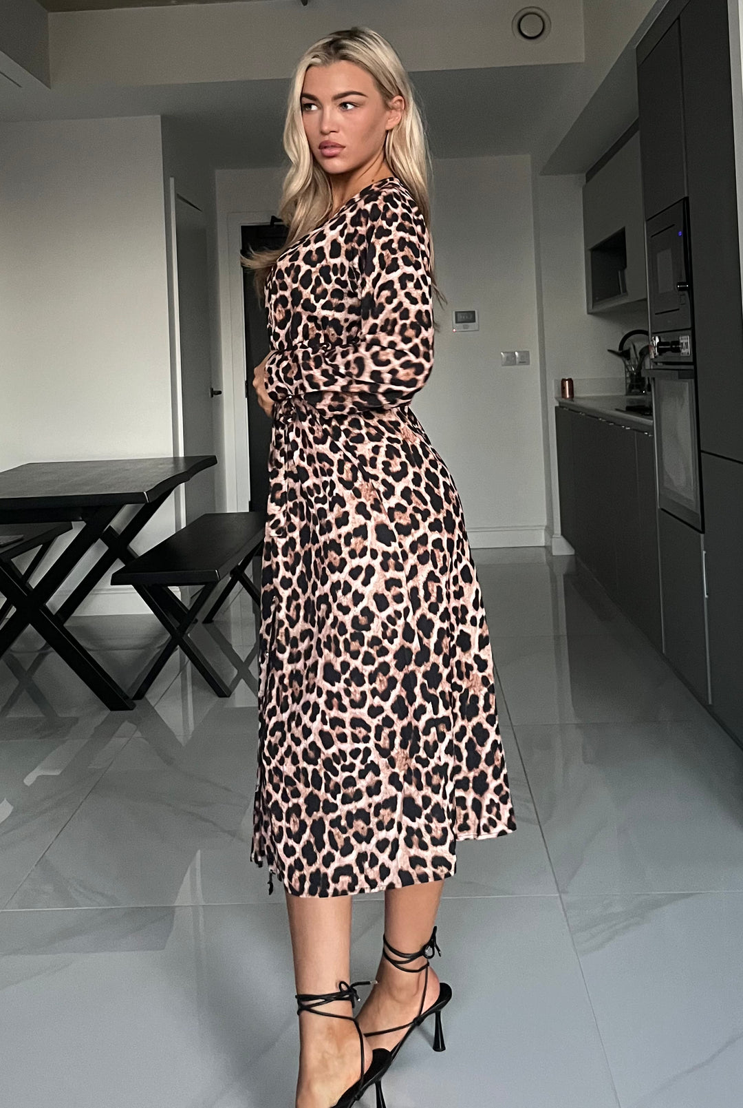 leopard print midi shirt dress Honey Punch Midi Dress - Leopard Print Dress - Long Sleeve Dress