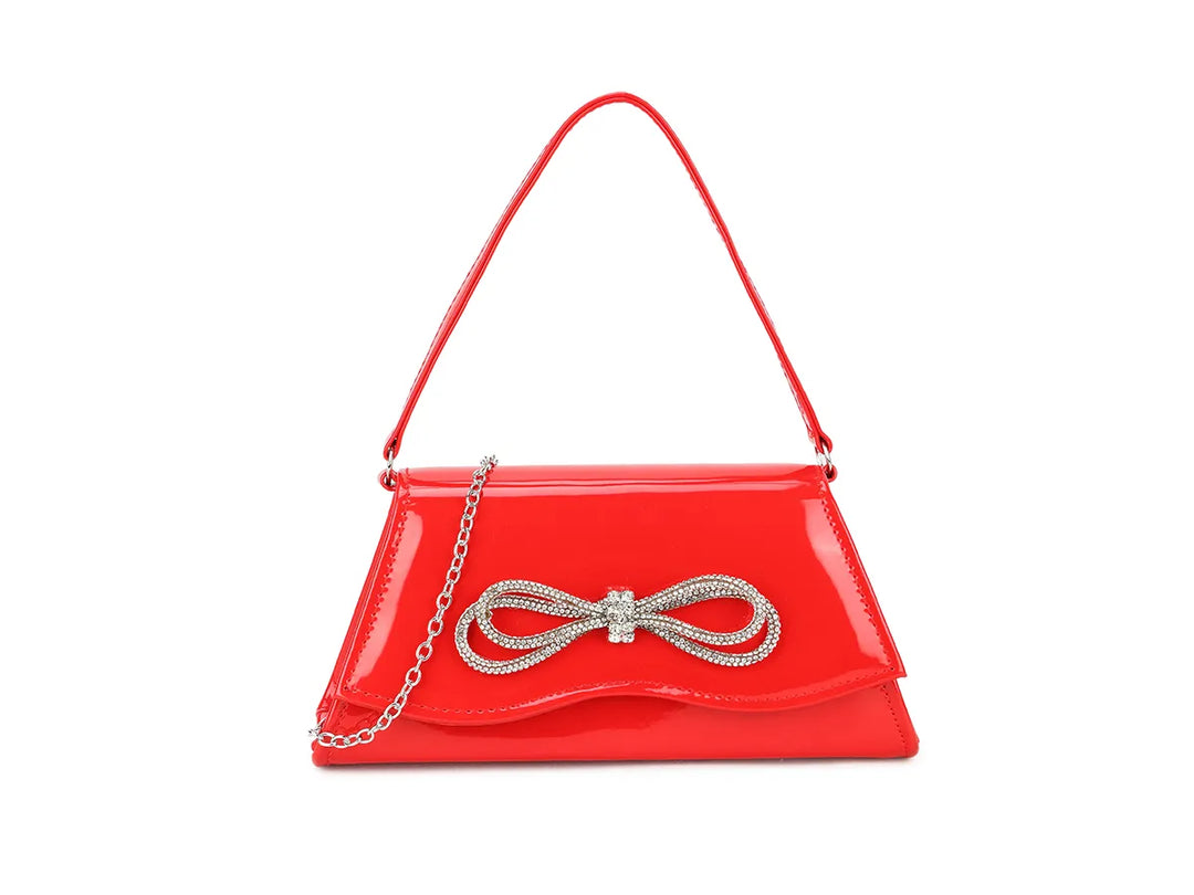 Boutique Red Patent Diamante Bow Clutch Handbag