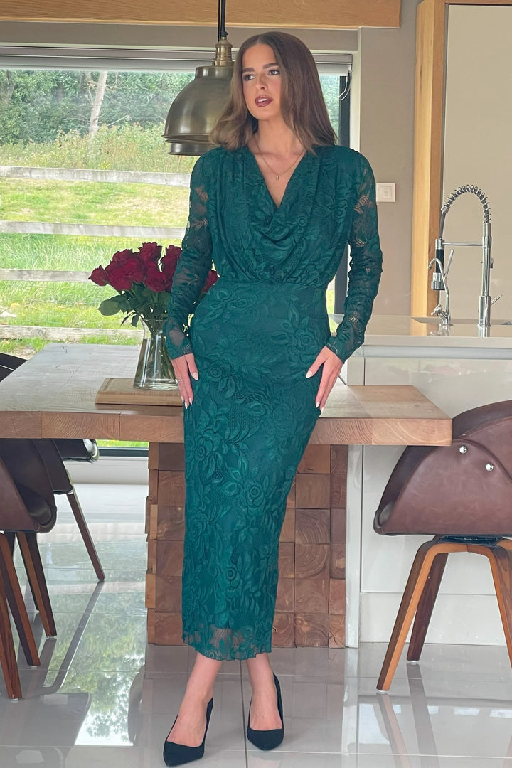 Remington Green Lace Cowl Neck Midi Dress