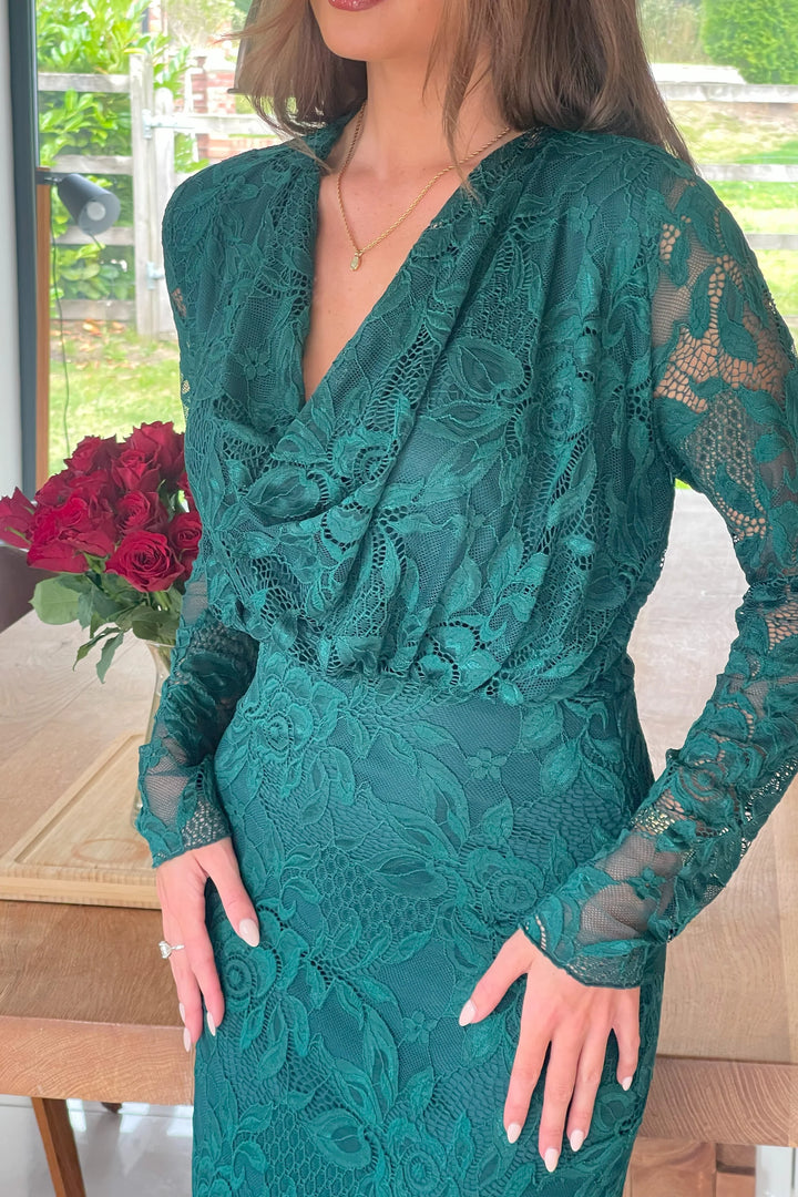 Remington Green Lace Cowl Neck Midi Dress