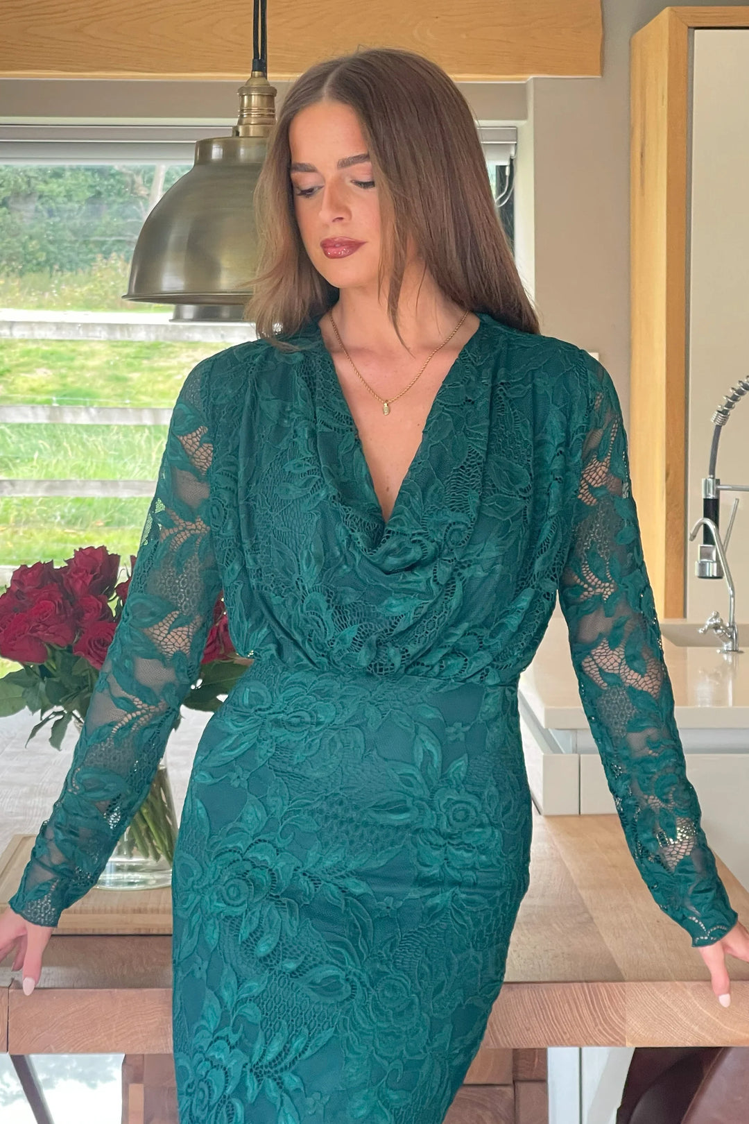 Remington Green Lace Cowl Neck Midi Dress | LittleMadam