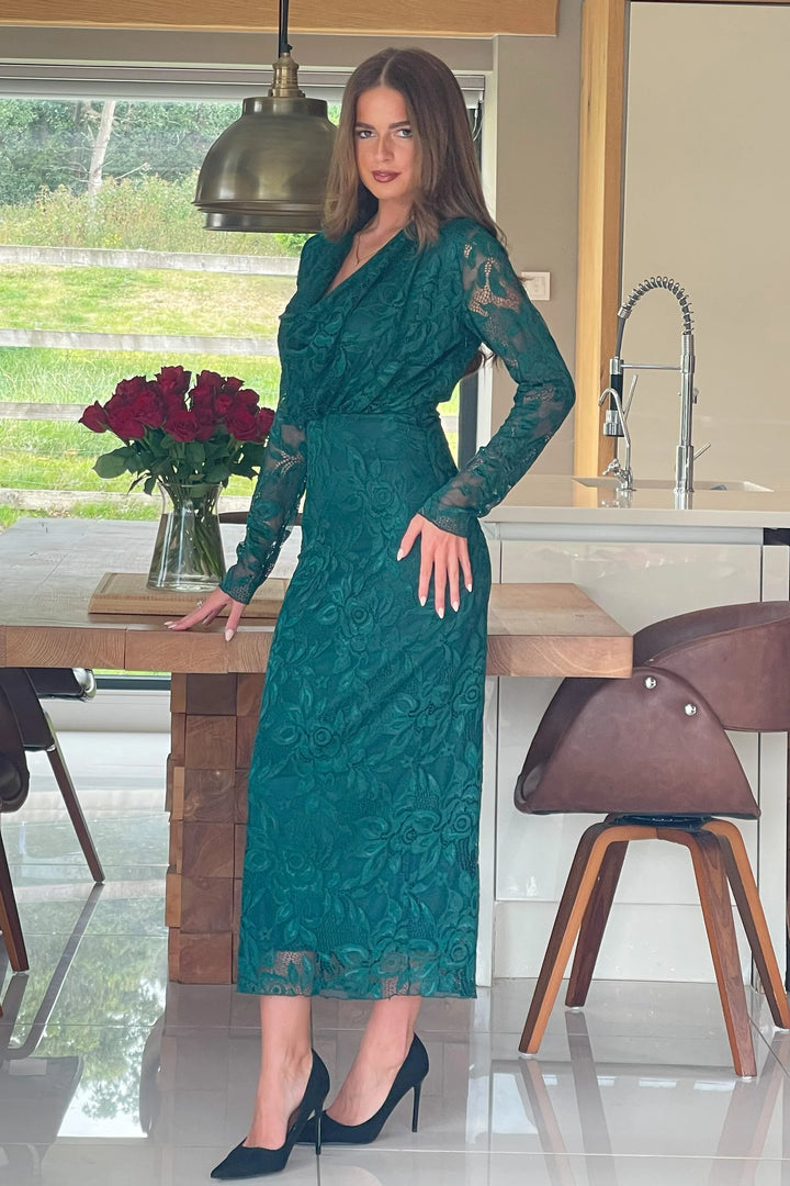 Remington Green Lace Cowl Neck Midi Dress