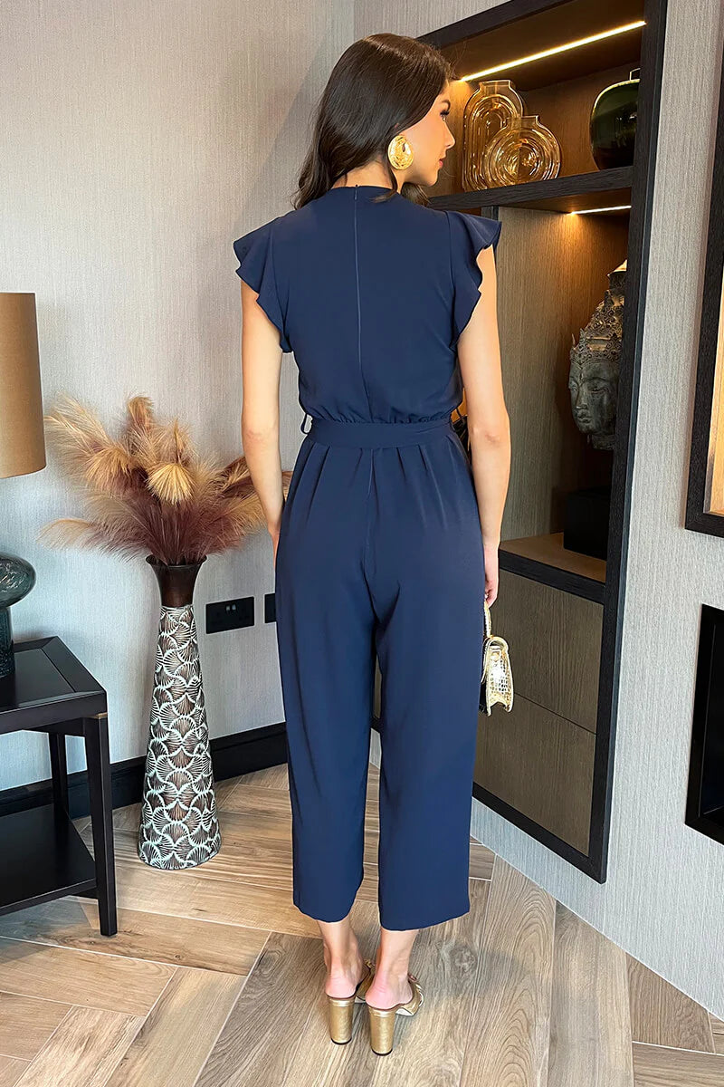 Rita Navy Wrap Top Flutter Sleeve Belted Jumpsuit