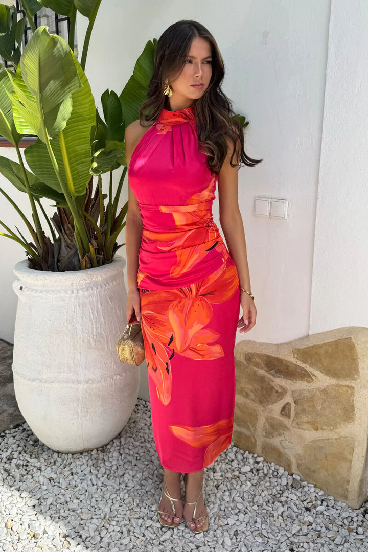Romantica Pink and Orange Floral Print Halter Neck Bodycon Maxi Dress