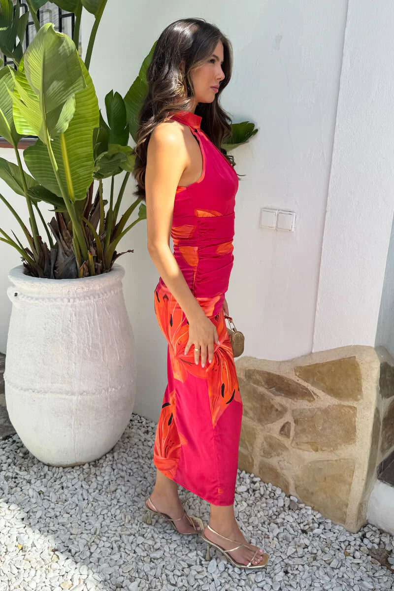 Romantica Pink and Orange Floral Print Halter Neck Bodycon Maxi Dress