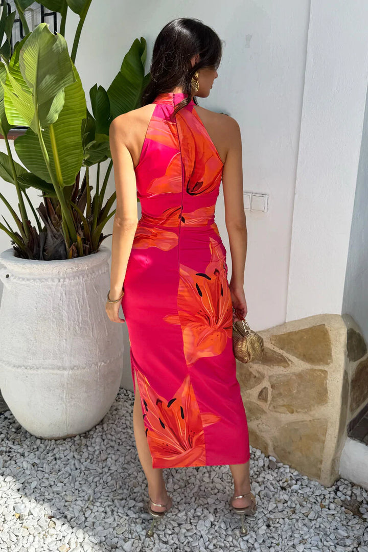 Romantica Pink and Orange Floral Print Halter Neck Bodycon Maxi Dress