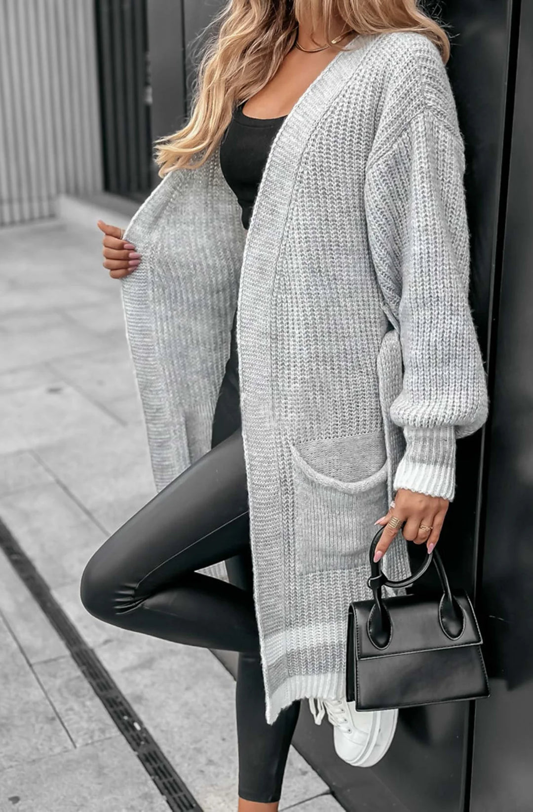 Chanelle Grey Oversized Striped Knitted Belted Longline Cardigan