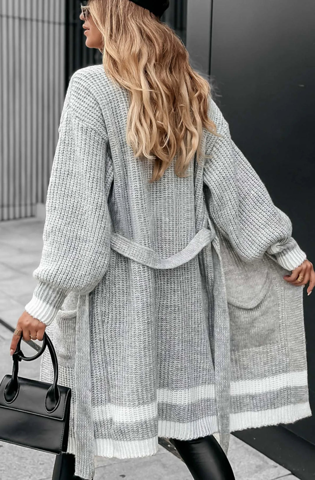 Chanelle Grey Oversized Striped Knitted Belted Longline Cardigan