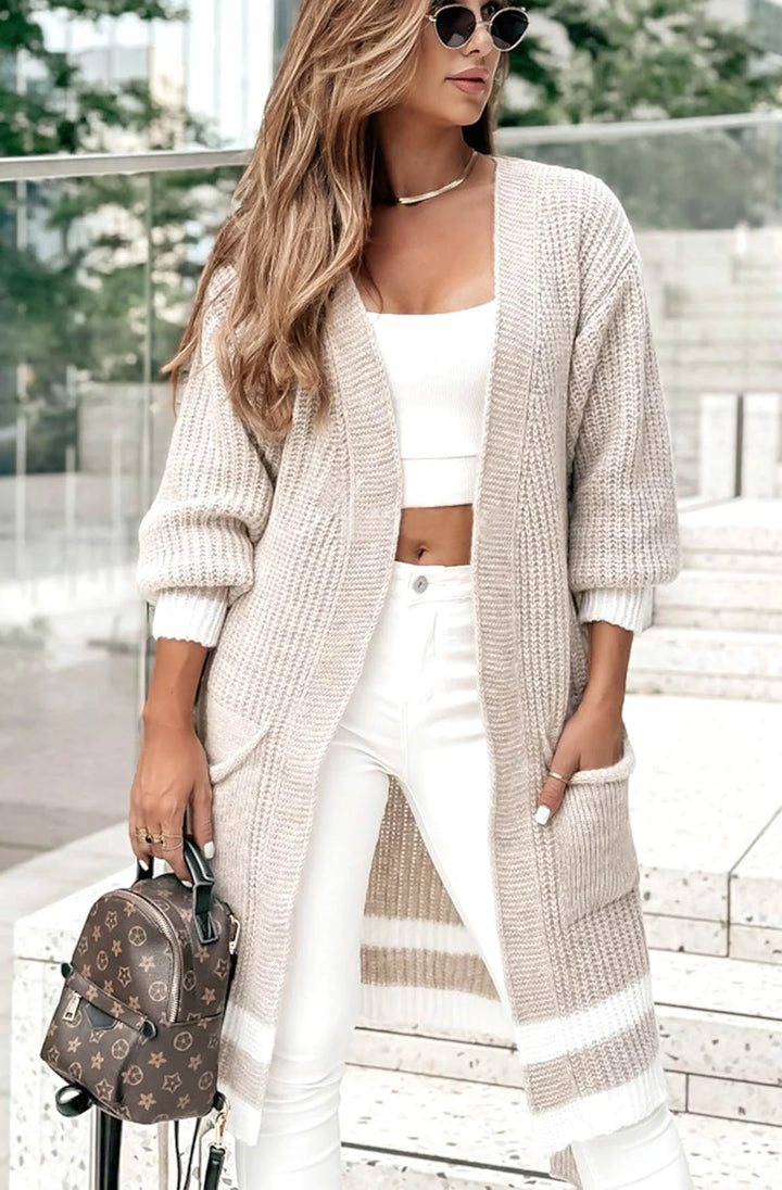 Chanelle Stone Oversized Striped Knitted Belted Longline Cardigan