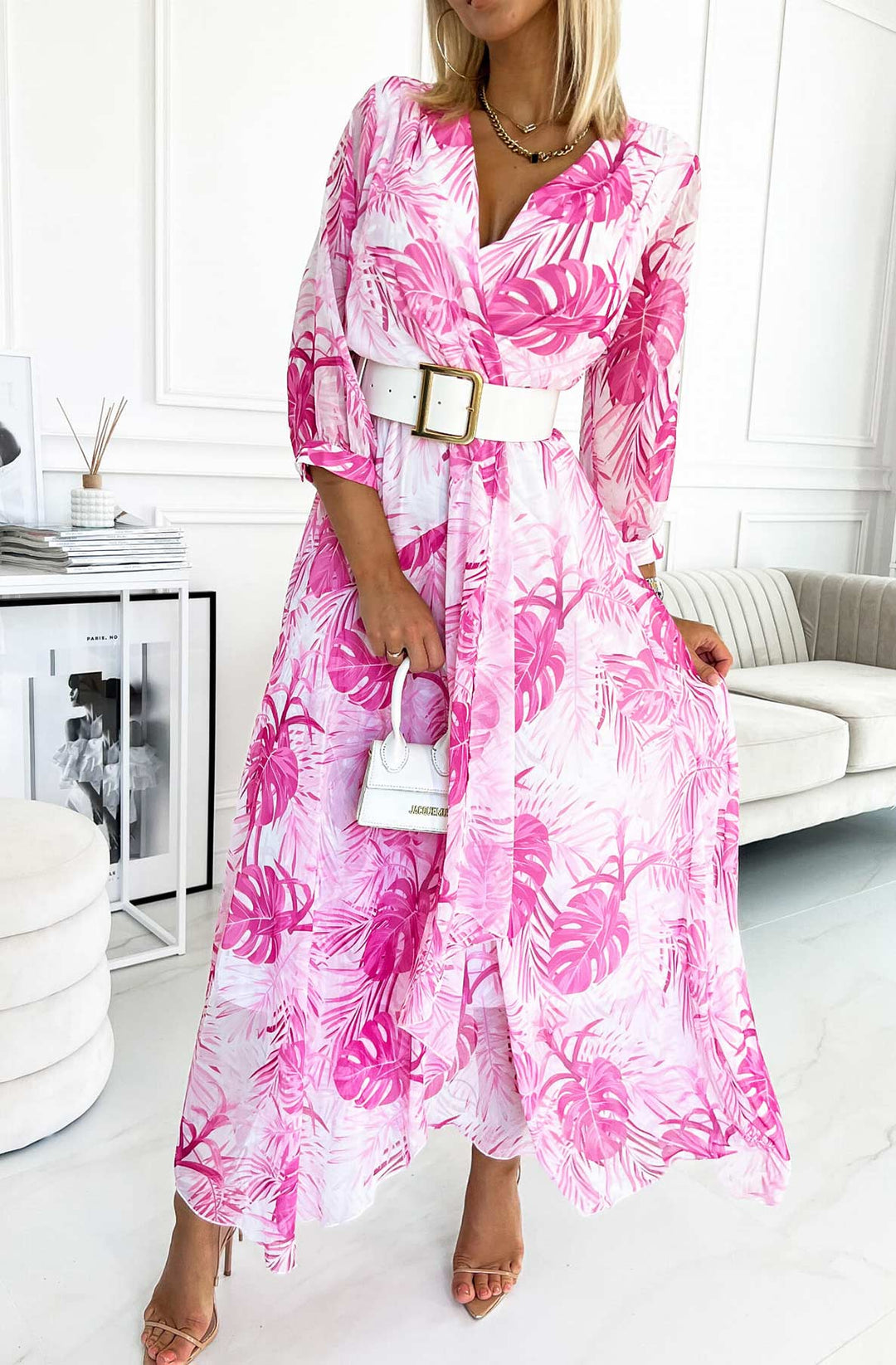 Gabrielle White & Pink Leaf Print 3/4 Sleeve Belted Chiffon Maxi Dress (WHITE BELT NOT INCLUDED)