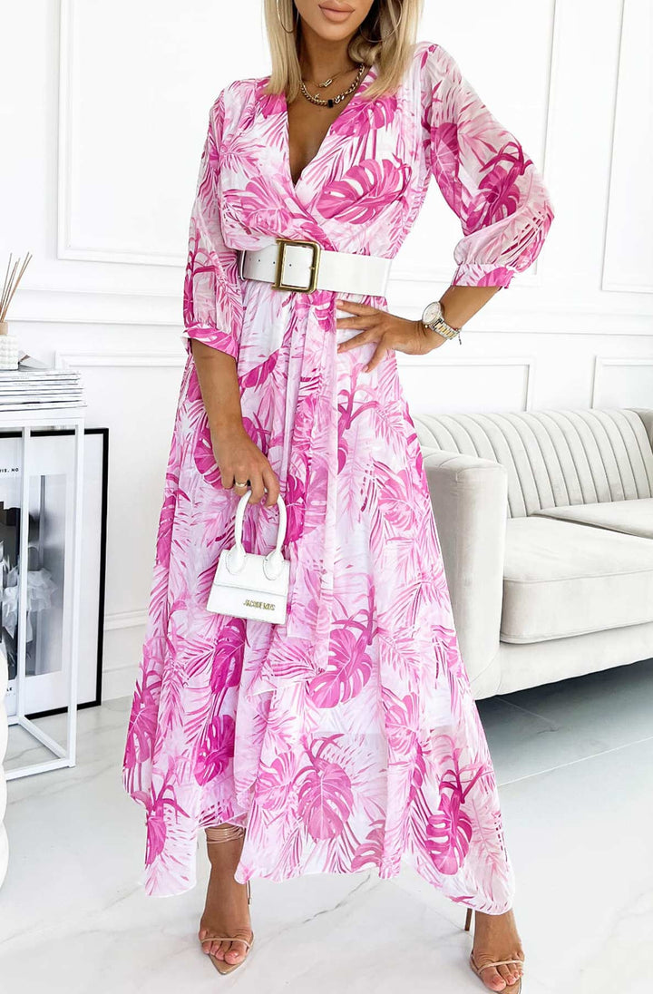 Gabrielle White & Pink Leaf Print 3/4 Sleeve Belted Chiffon Maxi Dress (WHITE BELT NOT INCLUDED)