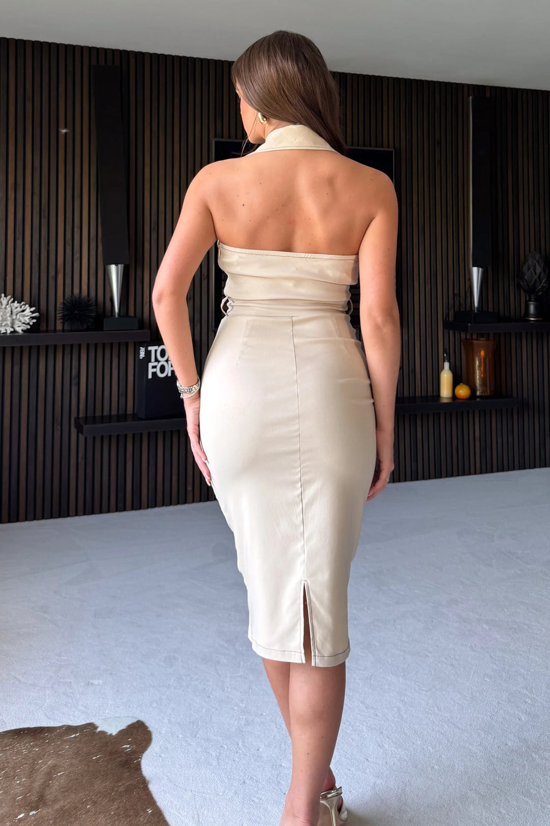 Scarlett Beige Cargo Belted Halterneck Bodycon Midi Dress| LittleMadam Scarlett Beige Cargo Belted Halterneck Bodycon Midi Dress| LittleMadam