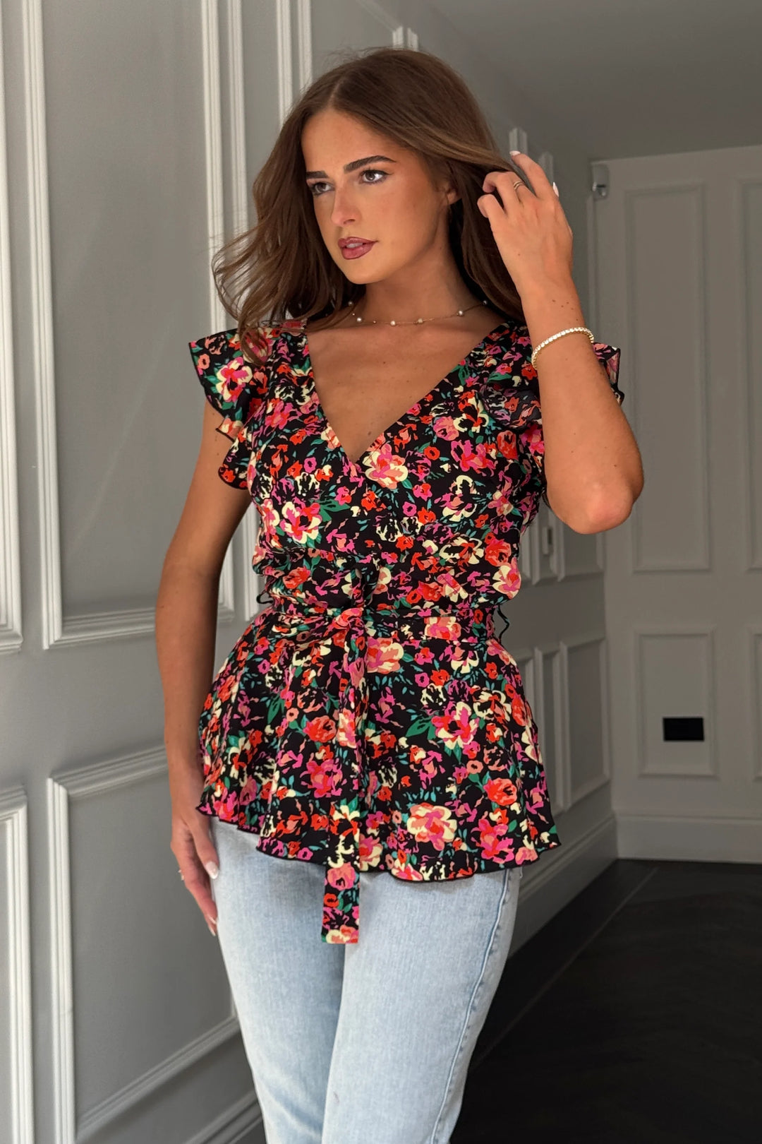 Juniper Black Floral Frill Detail Wrap Peplum Top