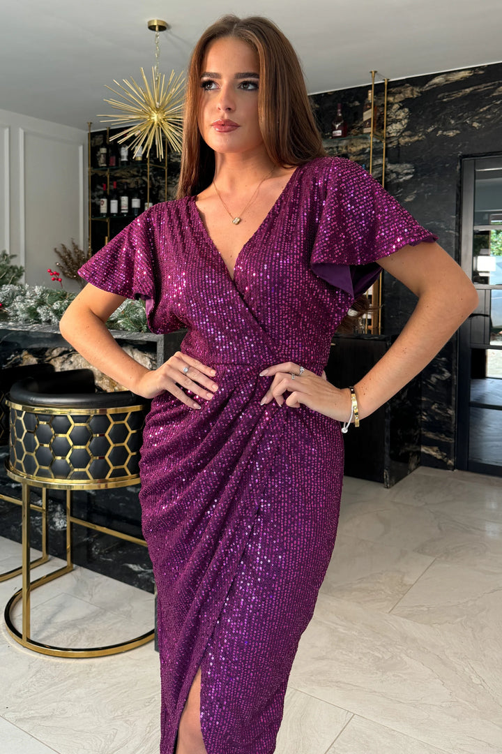 Preslee Plum Pink Sequin Angel Sleeve Wrap Over Midi Dress