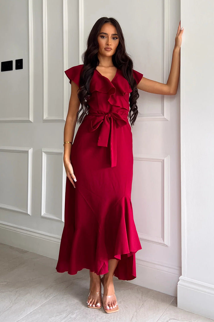 Emily Wine Red Frill Hem Belted Maxi Dress