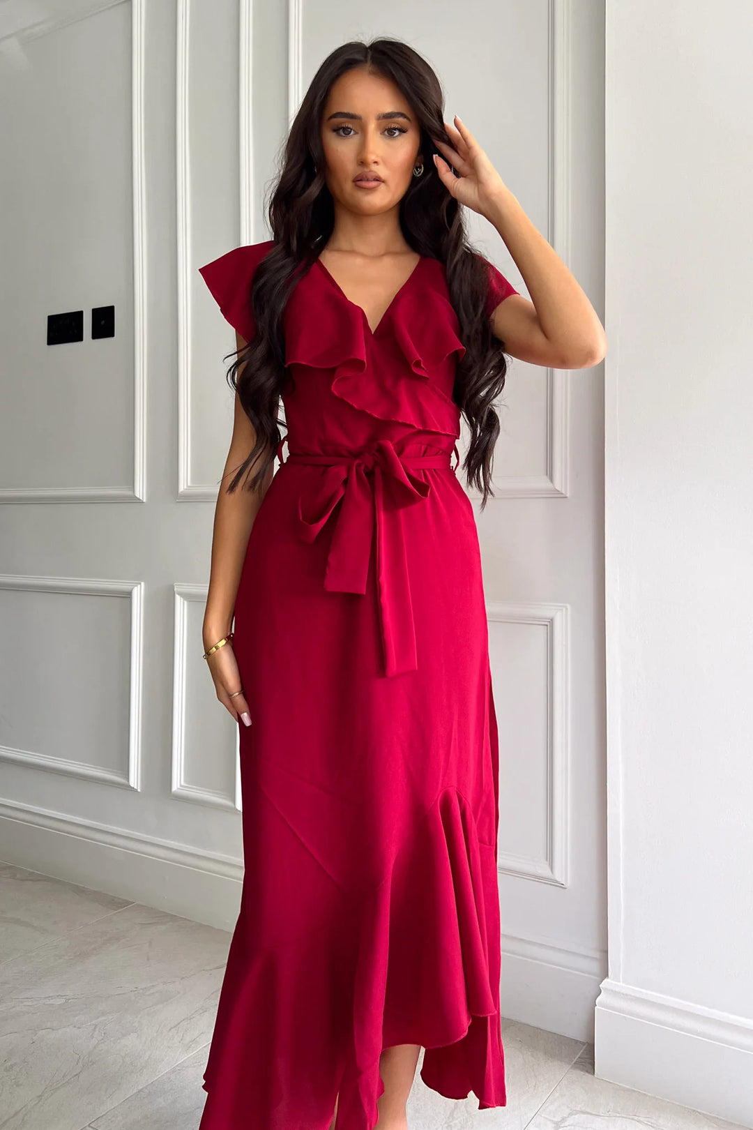 Emily Wine Red Frill Hem Belted Maxi Dress