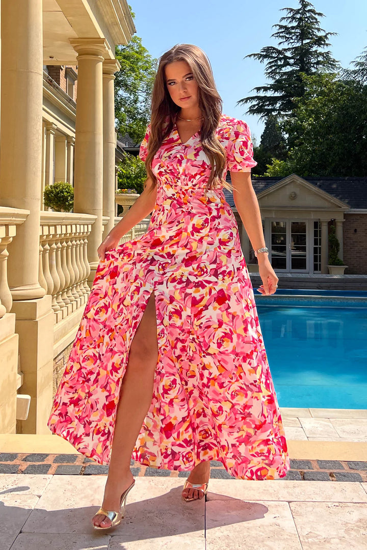 Josie Pink Abstract Short Sleeve Maxi Dress (TALL)