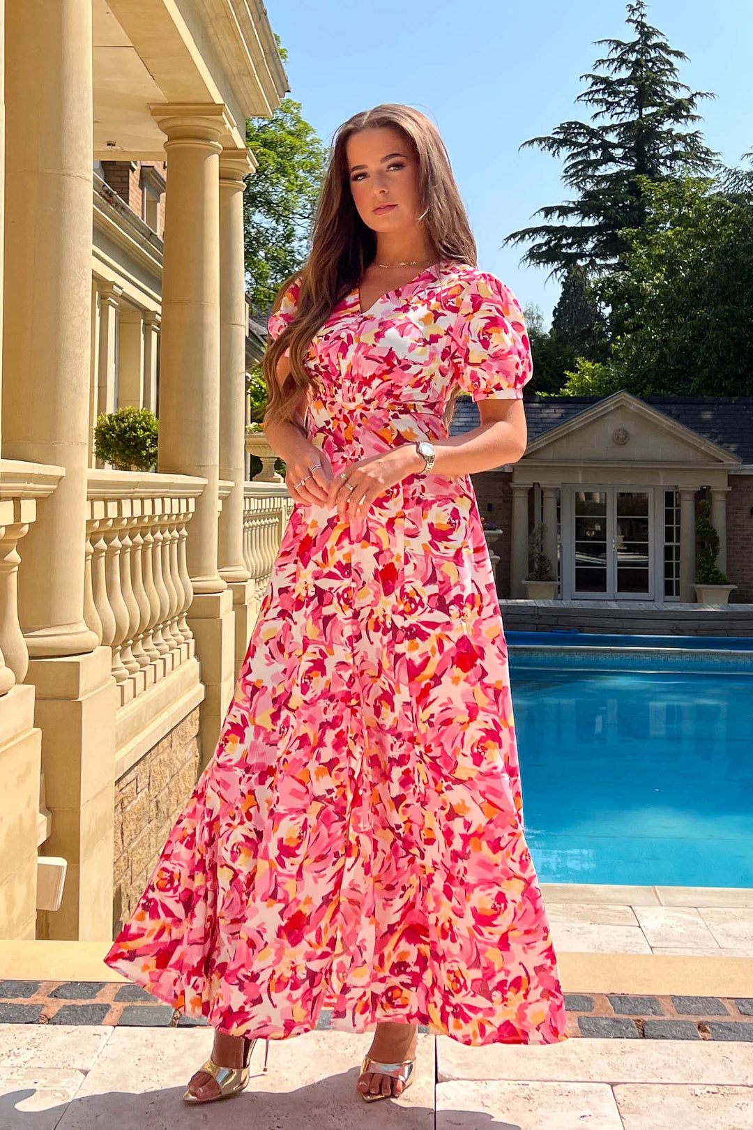 Josie Pink Abstract Short Sleeve Maxi Dress TALL