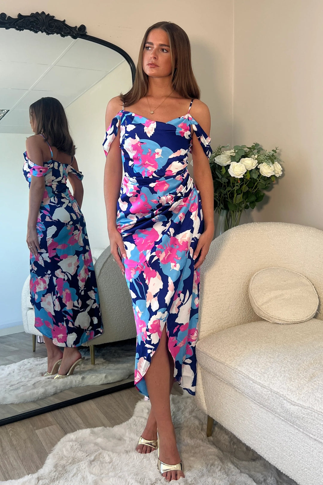 Camilla Blue & Pink Floral Cold Shoulder Bodycon Midi Dress | LittleMadam Camilla Blue & Pink Floral Cold Shoulder Bodycon Midi Dress | LittleMadam