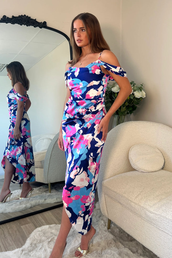 Camilla Blue & Pink Floral Cold Shoulder Bodycon Midi Dress