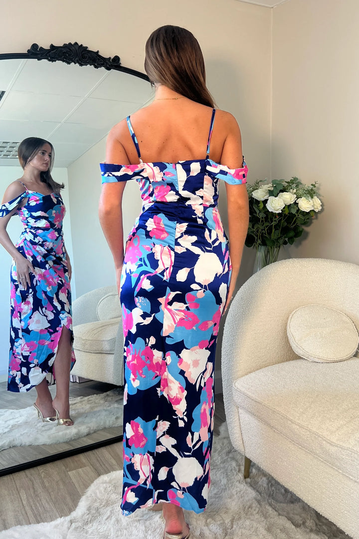 Camilla Blue & Pink Floral Cold Shoulder Bodycon Midi Dress