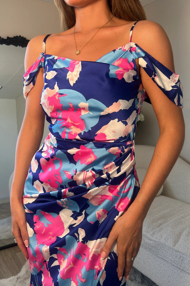 Camilla Blue & Pink Floral Cold Shoulder Bodycon Midi Dress