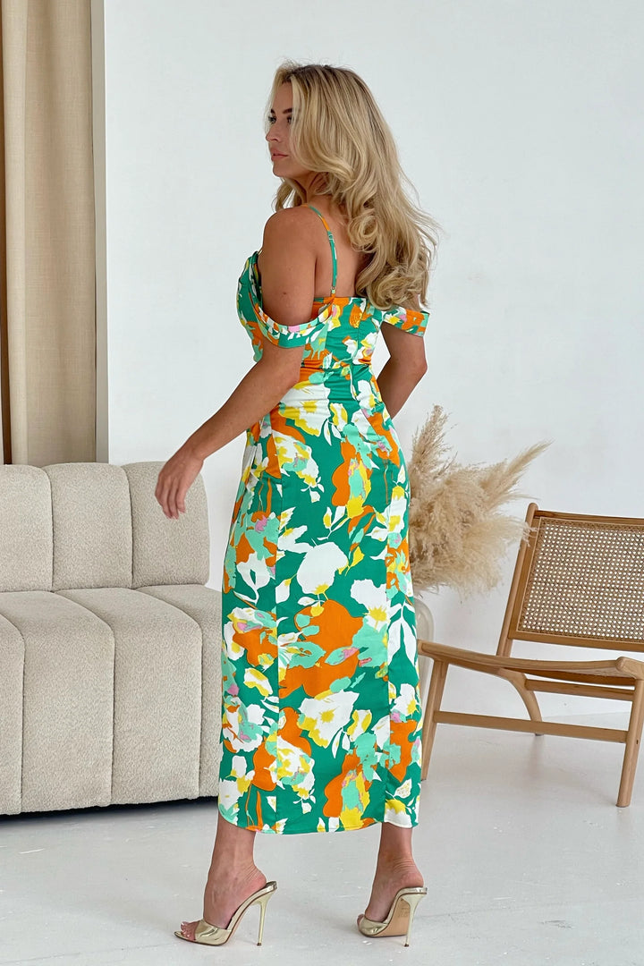 Camilla Green & Orange Floral Cold Shoulder Bodycon Midi Dress