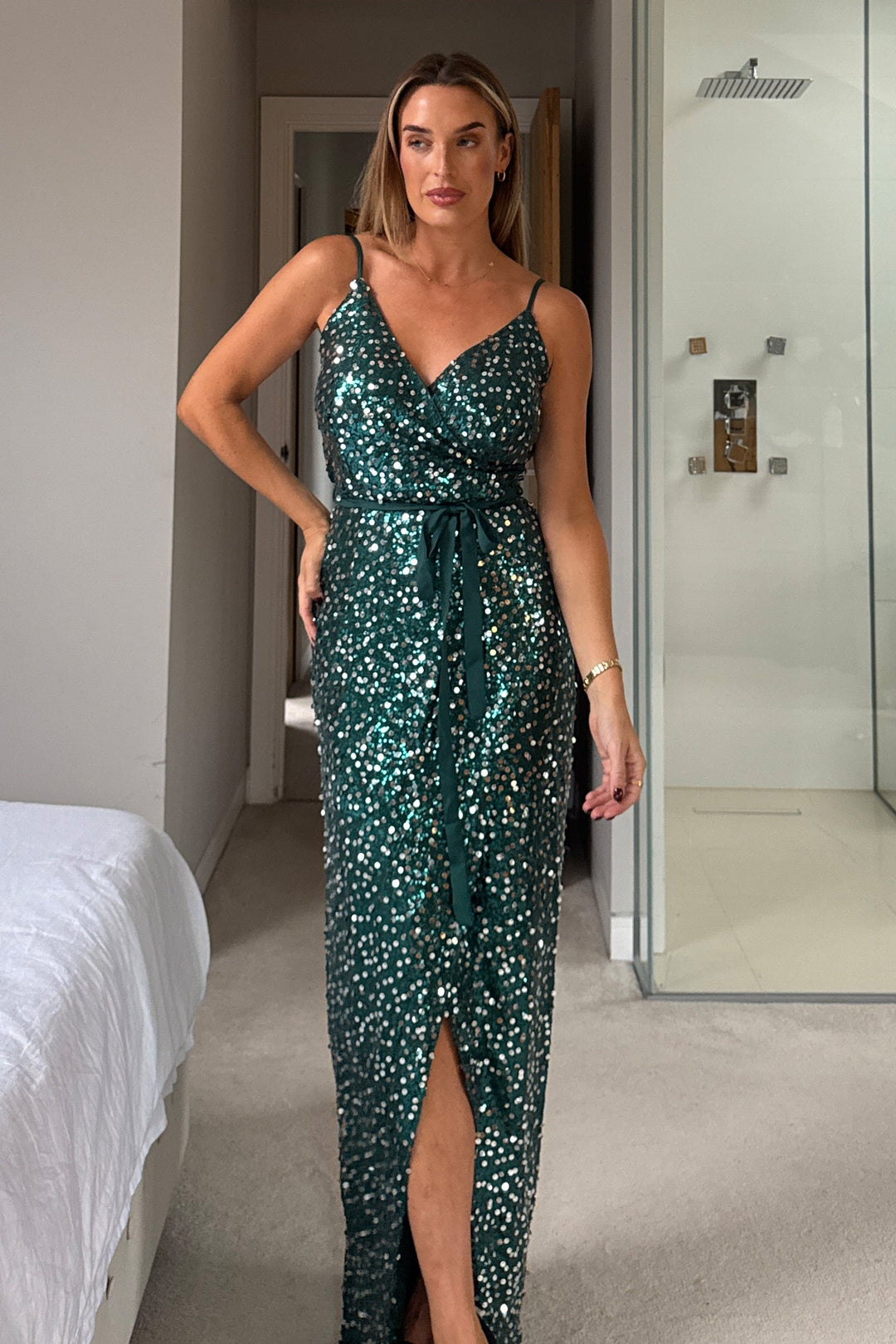 Jasmine Jade Green Sequin Wrap Belted Maxi Dress