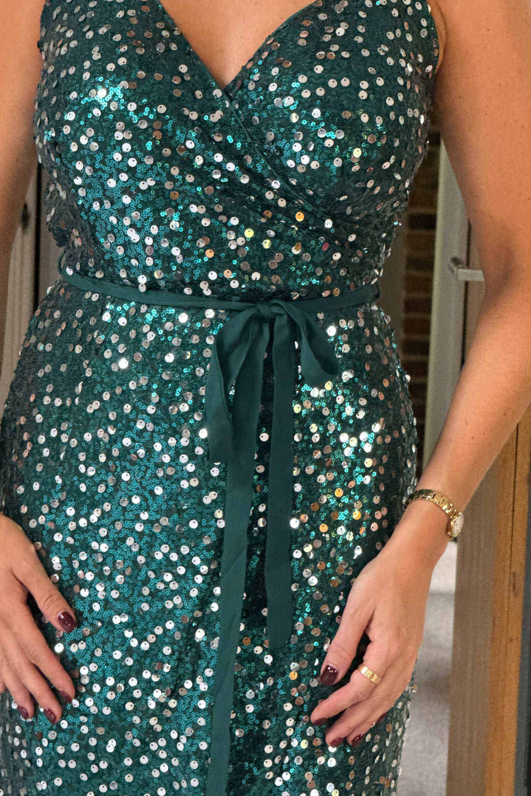 Jasmine Jade Green Sequin Wrap Belted Maxi Dress
