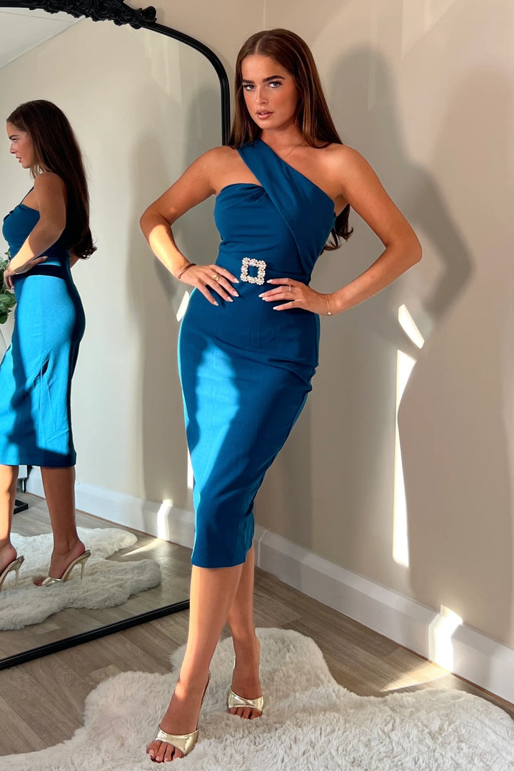 Gracie Teal Strapless One Shoulder Stretchy Bodycon Midi Dress