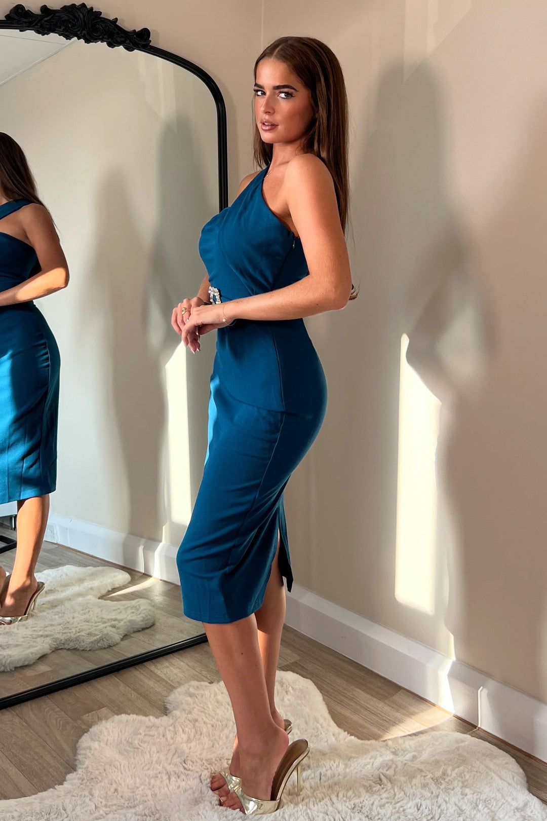 Gracie Teal Strapless One Shoulder Stretchy Bodycon Midi Dress