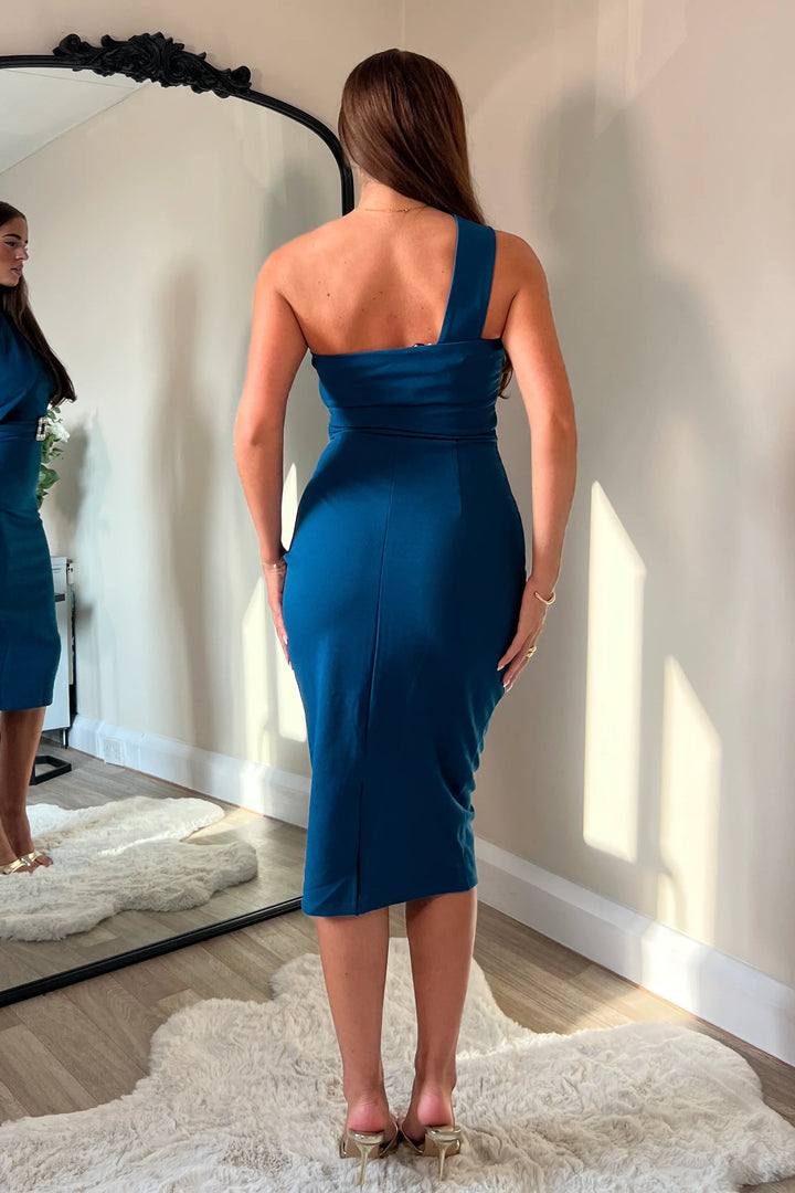 Gracie Teal Strapless One Shoulder Stretchy Bodycon Midi Dress