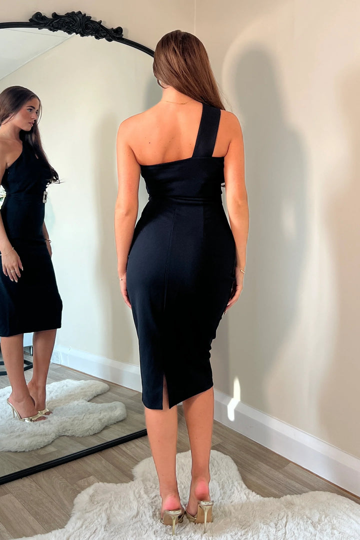 Gracie Black Strapless One Shoulder Stretchy Bodycon Midi Dress