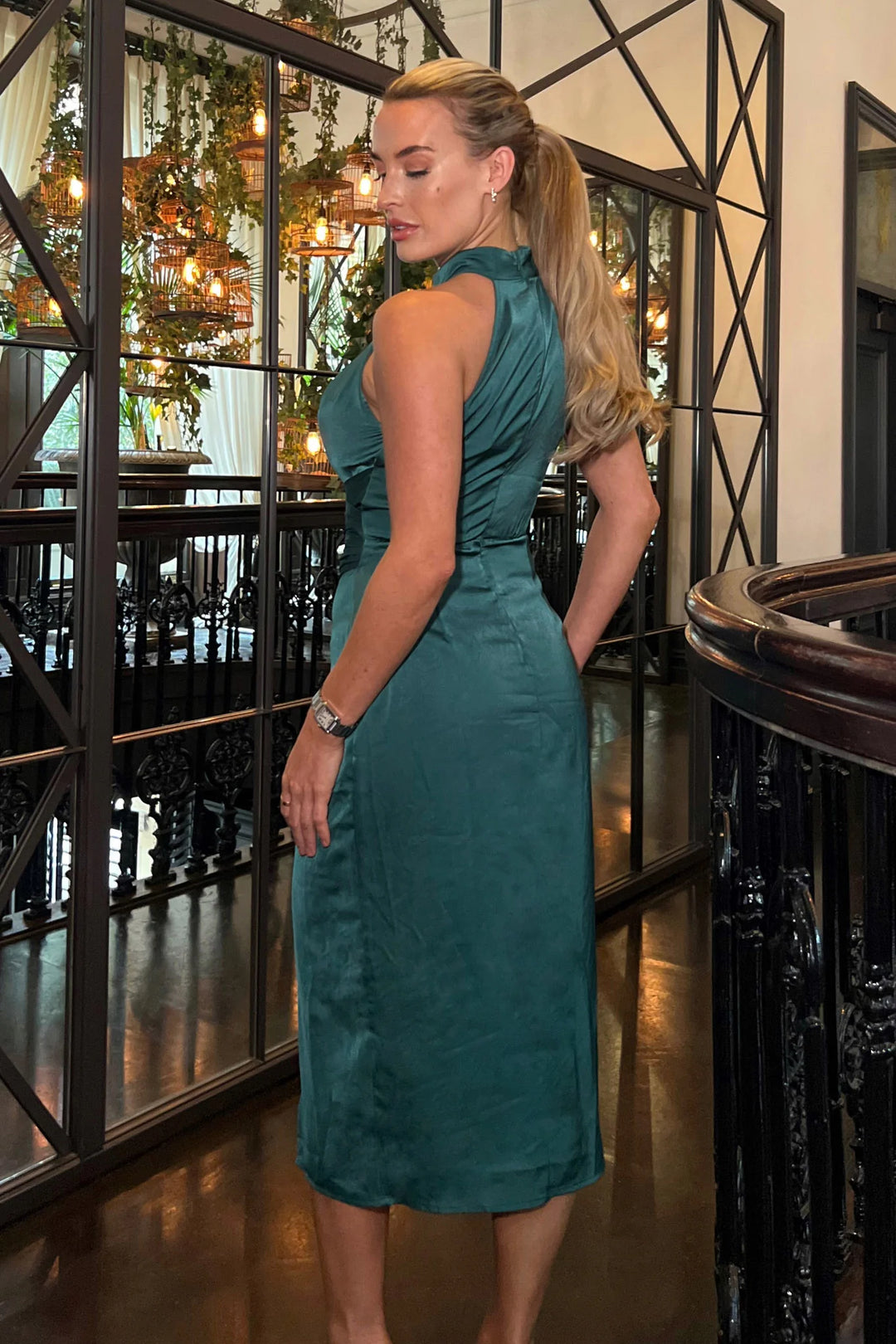 Alessia Dark Green Satin Halterneck Bodycon Midi Dress | LittleMadam Alessia Dark Green Satin Halterneck Bodycon Midi Dress | LittleMadam