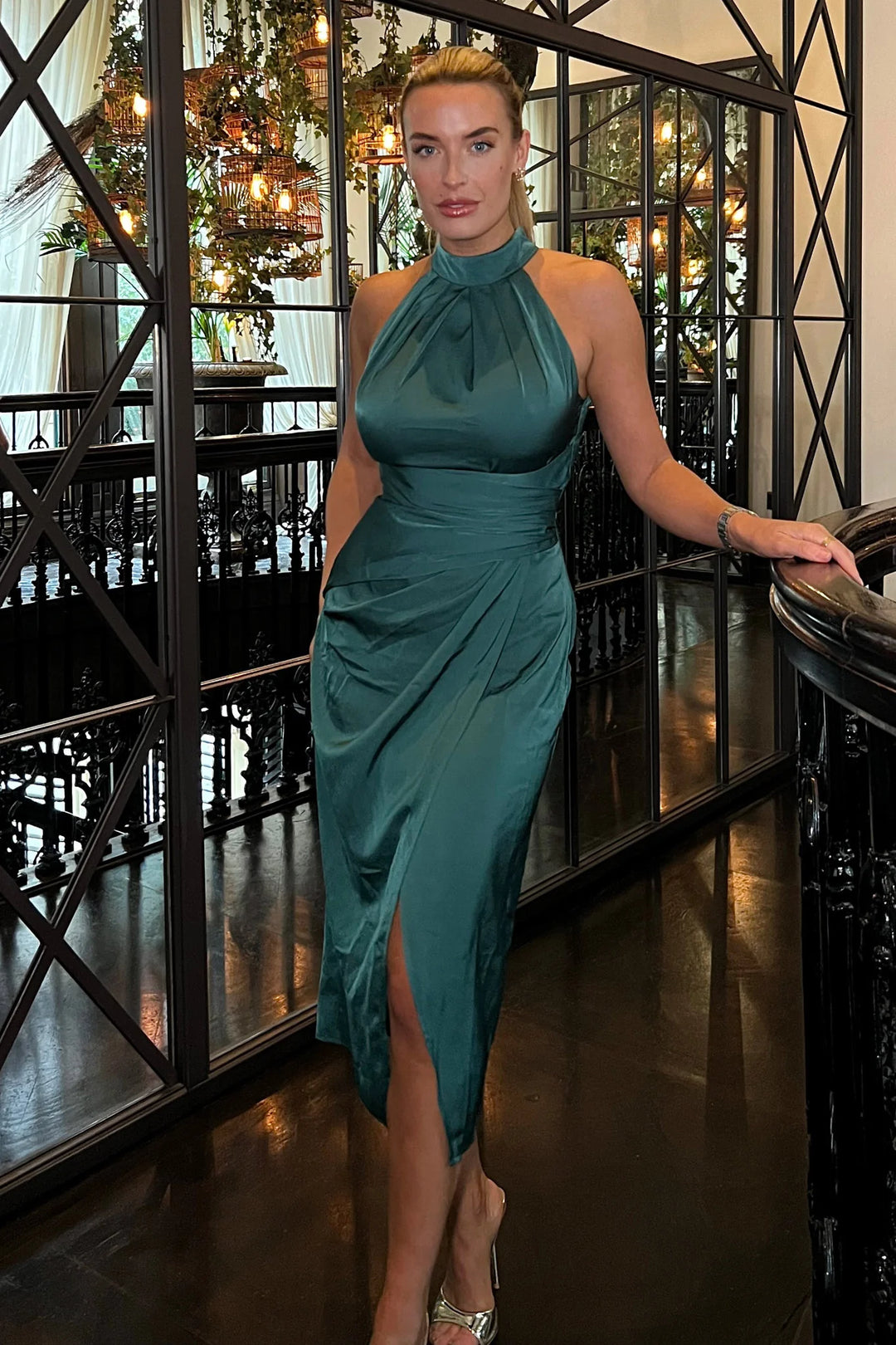 Alessia Dark Green Satin Halterneck Bodycon Midi Dress | LittleMadam Alessia Dark Green Satin Halterneck Bodycon Midi Dress | LittleMadam
