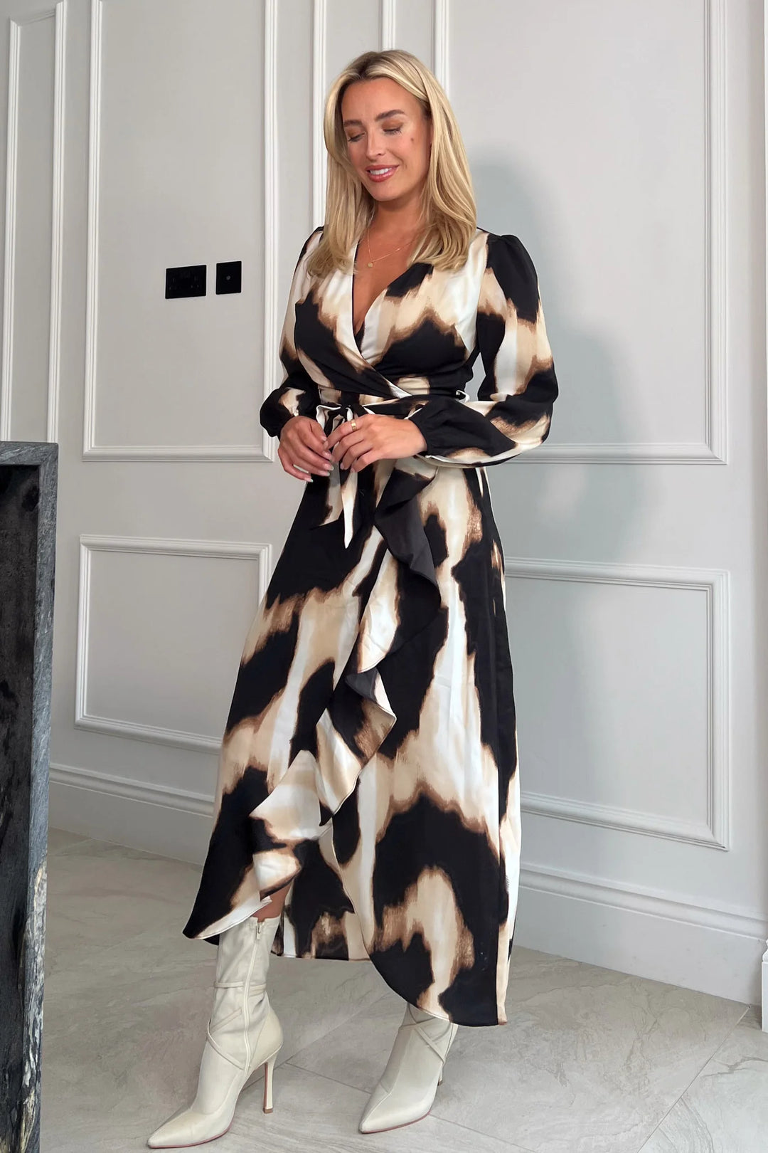 Erin Black & Cream Animal Print Long Sleeve Split Hem Maxi Dress