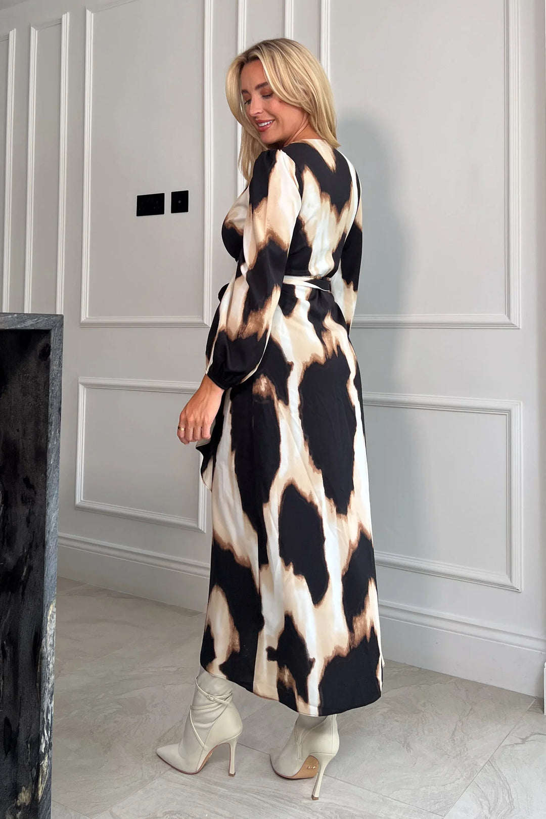 Erin Black & Cream Animal Print Long Sleeve Split Hem Maxi Dress