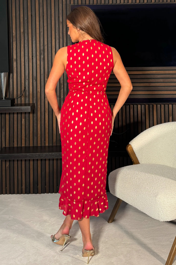 Hendrix Red Sleeveless Asymmetric Wrap Midi Dress