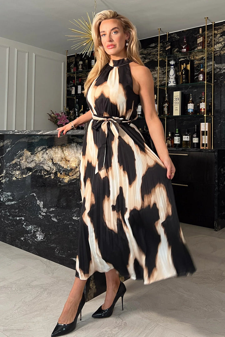 Carla Brown & Cream Abstract Halterneck Belted Pleated Maxi Dress